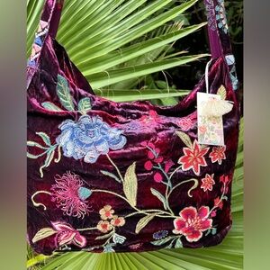 Johnny Was Floral Embroidered Velvet Tote - Burgundy and Multicolor